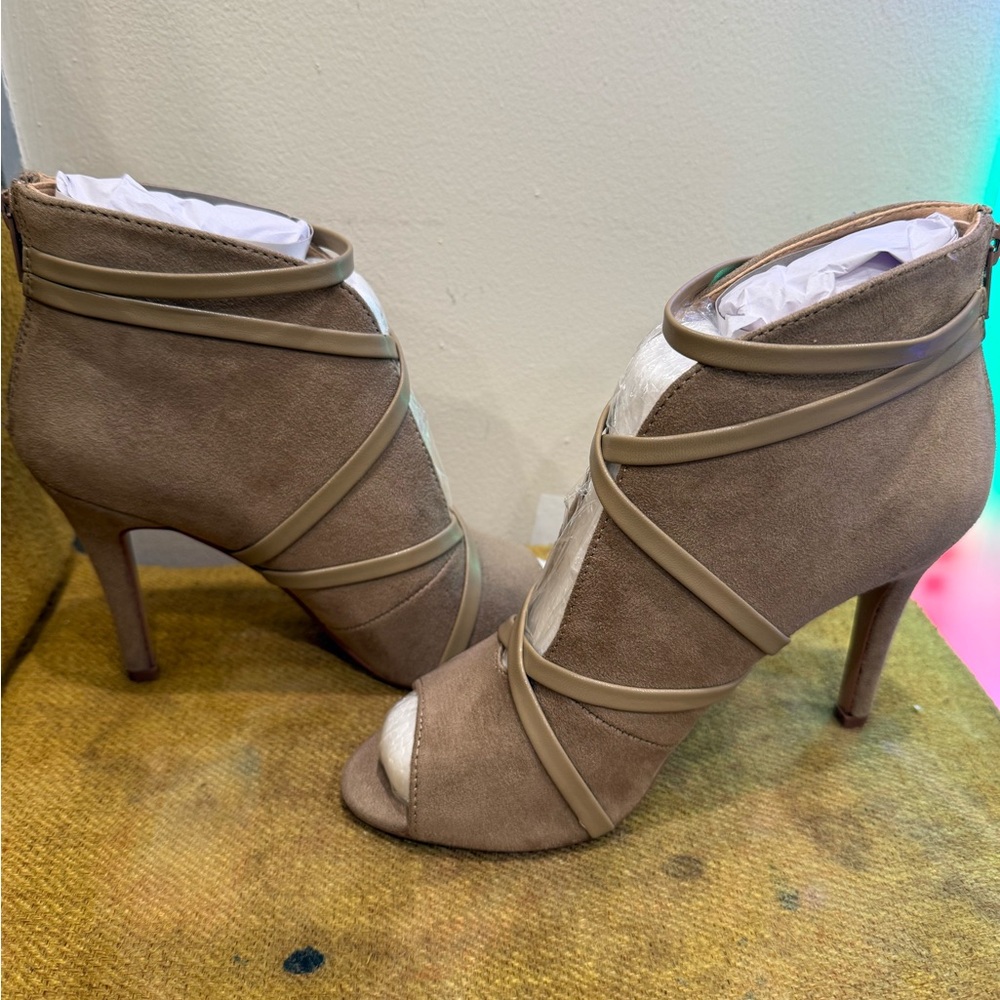 Journee Collection Taupe Suede Strappy Peep-Toe Stiletto Booties